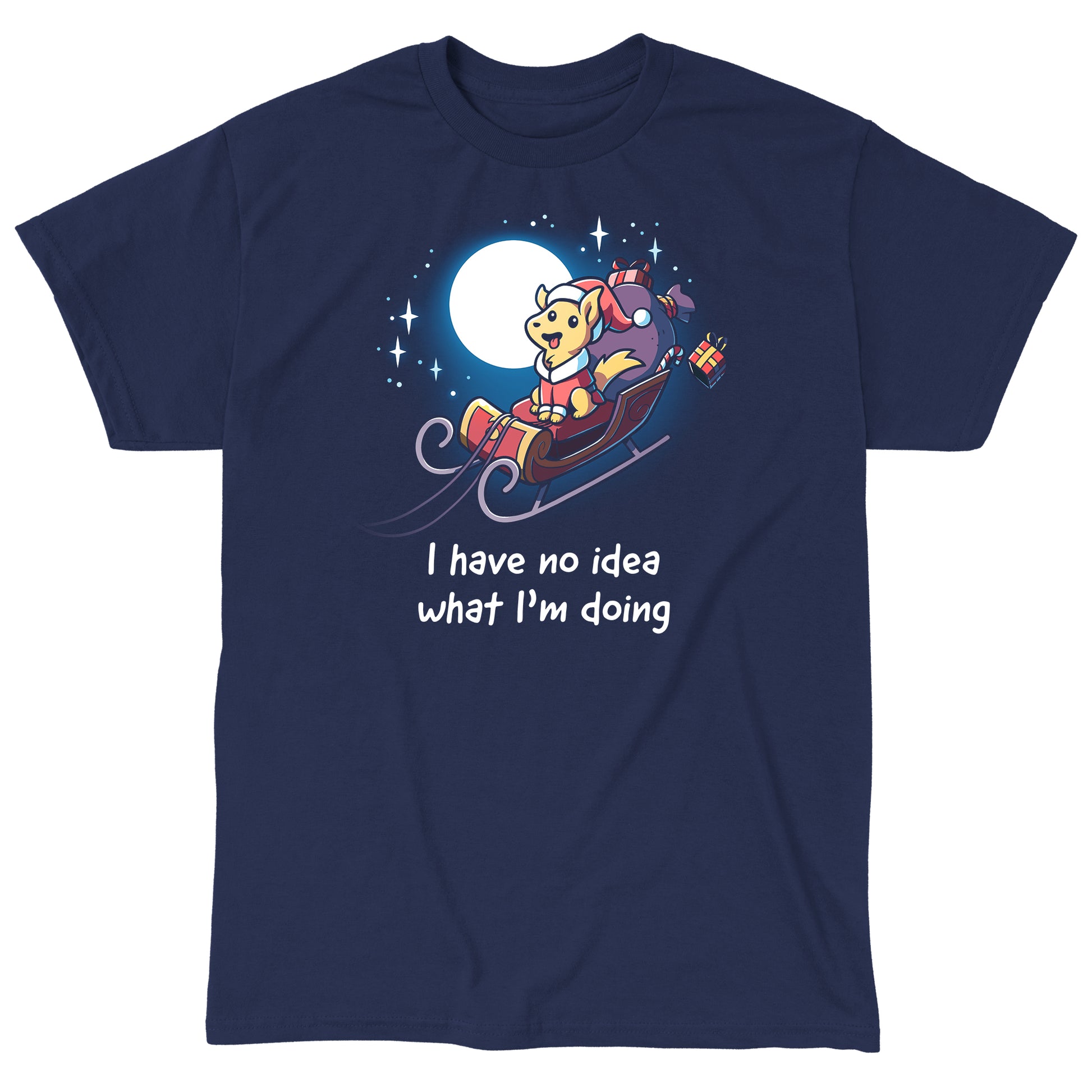 Classic Cotton T-shirt_TeeTurtle navy blue Santa Paws apparel featuring a dog dressed as Santa riding in a sleigh in the moonlit sky with presents flying off, and the caption, "I Have No Idea What I'm Doing".