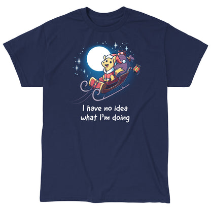 Classic Cotton T-shirt_TeeTurtle navy blue Santa Paws apparel featuring a dog dressed as Santa riding in a sleigh in the moonlit sky with presents flying off, and the caption, "I Have No Idea What I'm Doing".