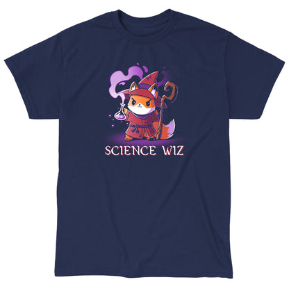 Classic Cotton T-shirt_TeeTurtle Science Wiz navy blue t-shirt featuring fox dressed as a wizard holding a flask of potion.