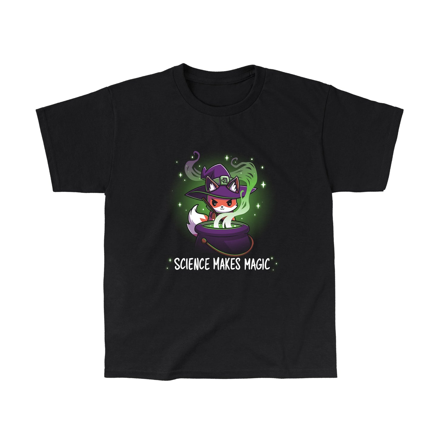 Classic Cotton T-shirt_TeeTurtle Science Makes Magic black t-shirt featuring a fantasy fox wearing a purple witch hat, stirring a cauldron with green smoke and sparkles rising. Text below reads, "SCIENCE MAKES MAGIC."