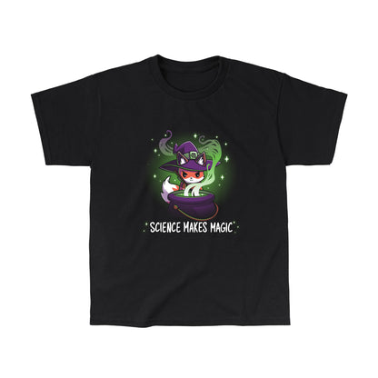 Classic Cotton T-shirt_TeeTurtle Science Makes Magic black t-shirt featuring a fantasy fox wearing a purple witch hat, stirring a cauldron with green smoke and sparkles rising. Text below reads, "SCIENCE MAKES MAGIC."