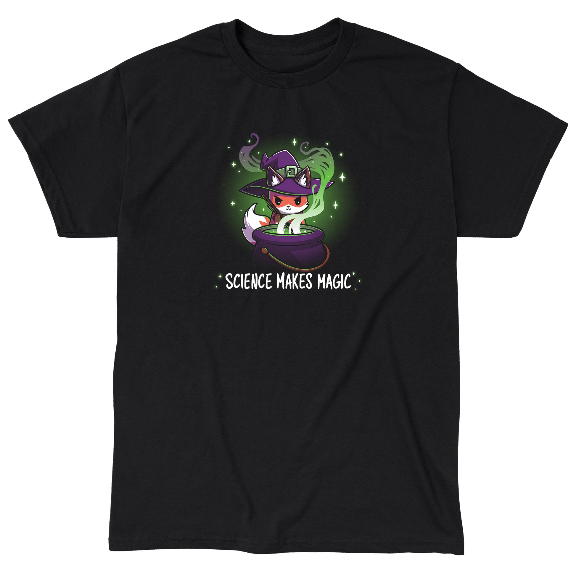 Classic Cotton T-shirt_TeeTurtle Science Makes Magic black t-shirt featuring a fantasy fox wearing a purple witch hat, stirring a cauldron with green smoke and sparkles rising. Text below reads, "SCIENCE MAKES MAGIC."