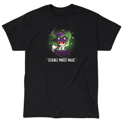 Classic Cotton T-shirt_TeeTurtle Science Makes Magic black t-shirt featuring a fantasy fox wearing a purple witch hat, stirring a cauldron with green smoke and sparkles rising. Text below reads, "SCIENCE MAKES MAGIC."