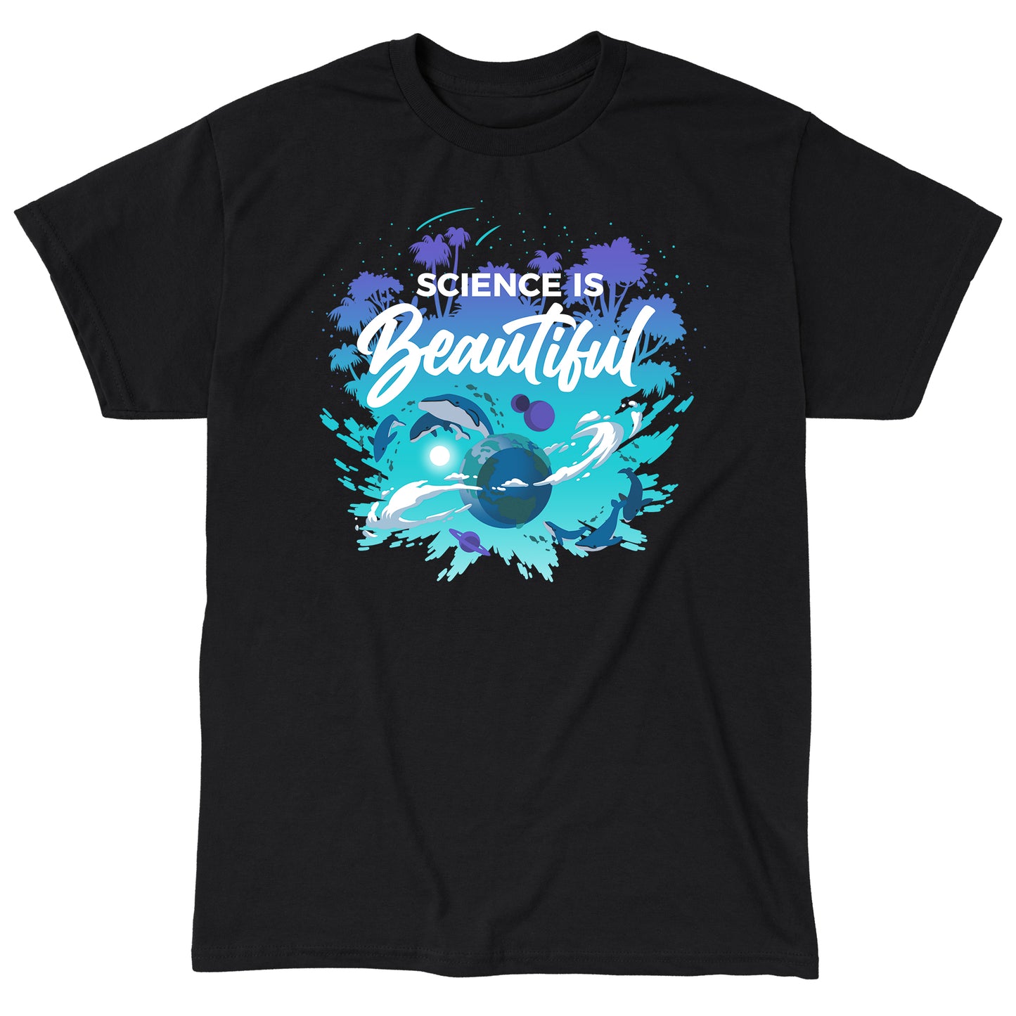 Classic Cotton T-shirt_TeeTurtle Science Is Beautiful black t-shirt featuring the phrase "Science is Beautiful," with images of whales, planets, and tropical trees surrounding Earth in a splash of vibrant blues and greens.