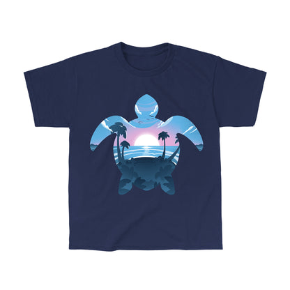 Classic Cotton T-shirt_TeeTurtle Sea Turtle navy blue t-shirt featuring a sea turtle outline with a serene beach pink and blue sunset.