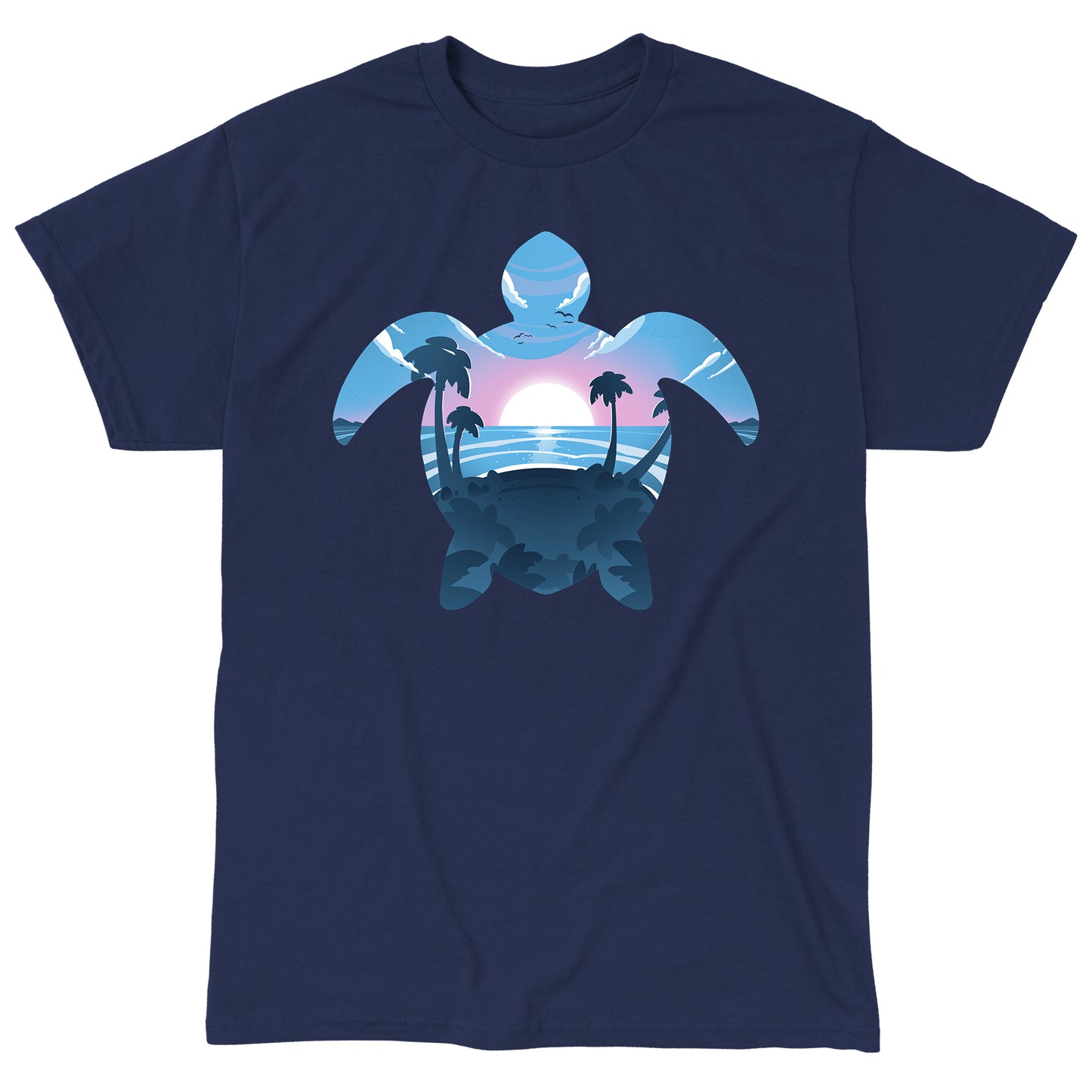 Classic Cotton T-shirt_TeeTurtle Sea Turtle navy blue t-shirt featuring a sea turtle outline with a serene beach pink and blue sunset.