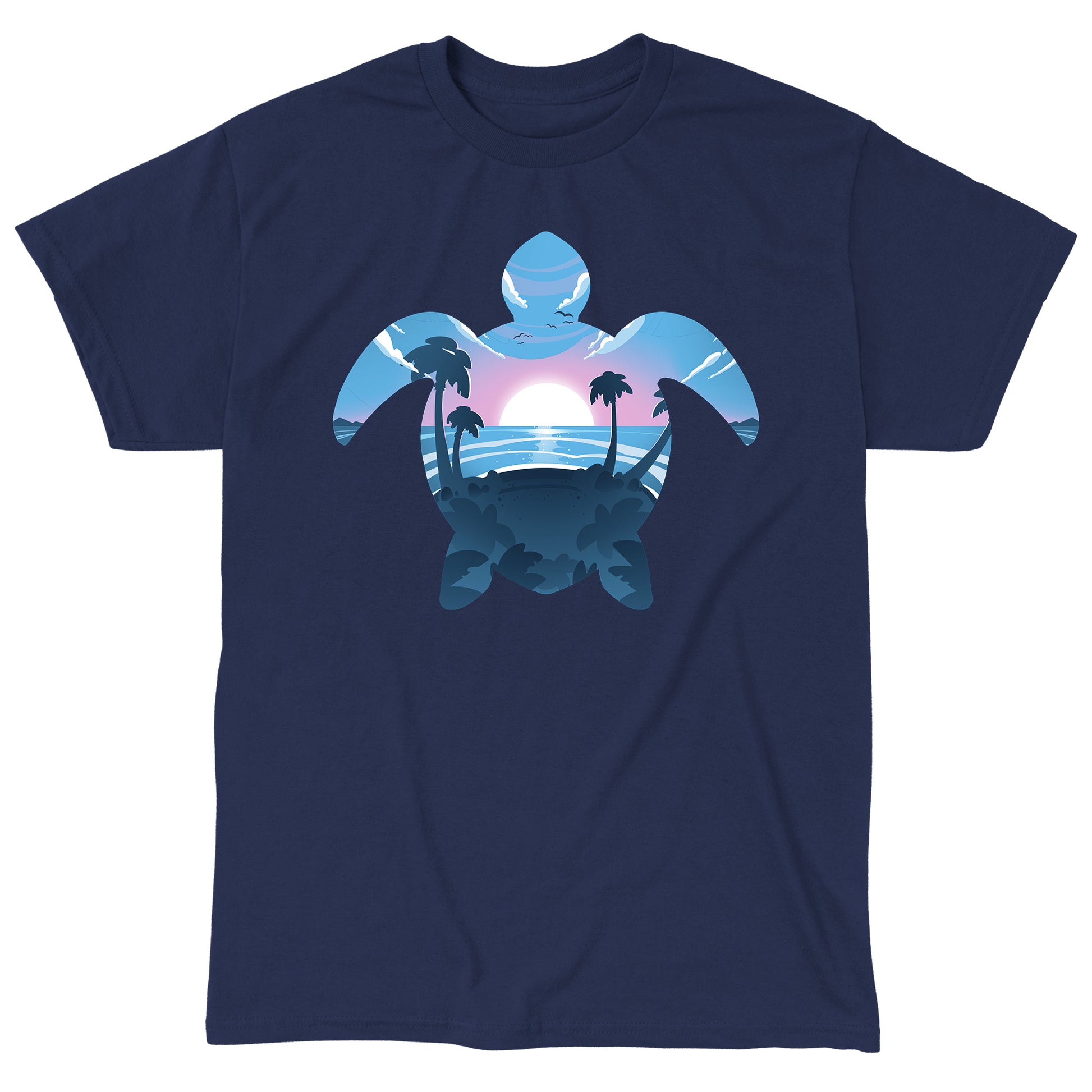 Classic Cotton T-shirt_TeeTurtle Sea Turtle navy blue t-shirt featuring a sea turtle outline with a serene beach pink and blue sunset.