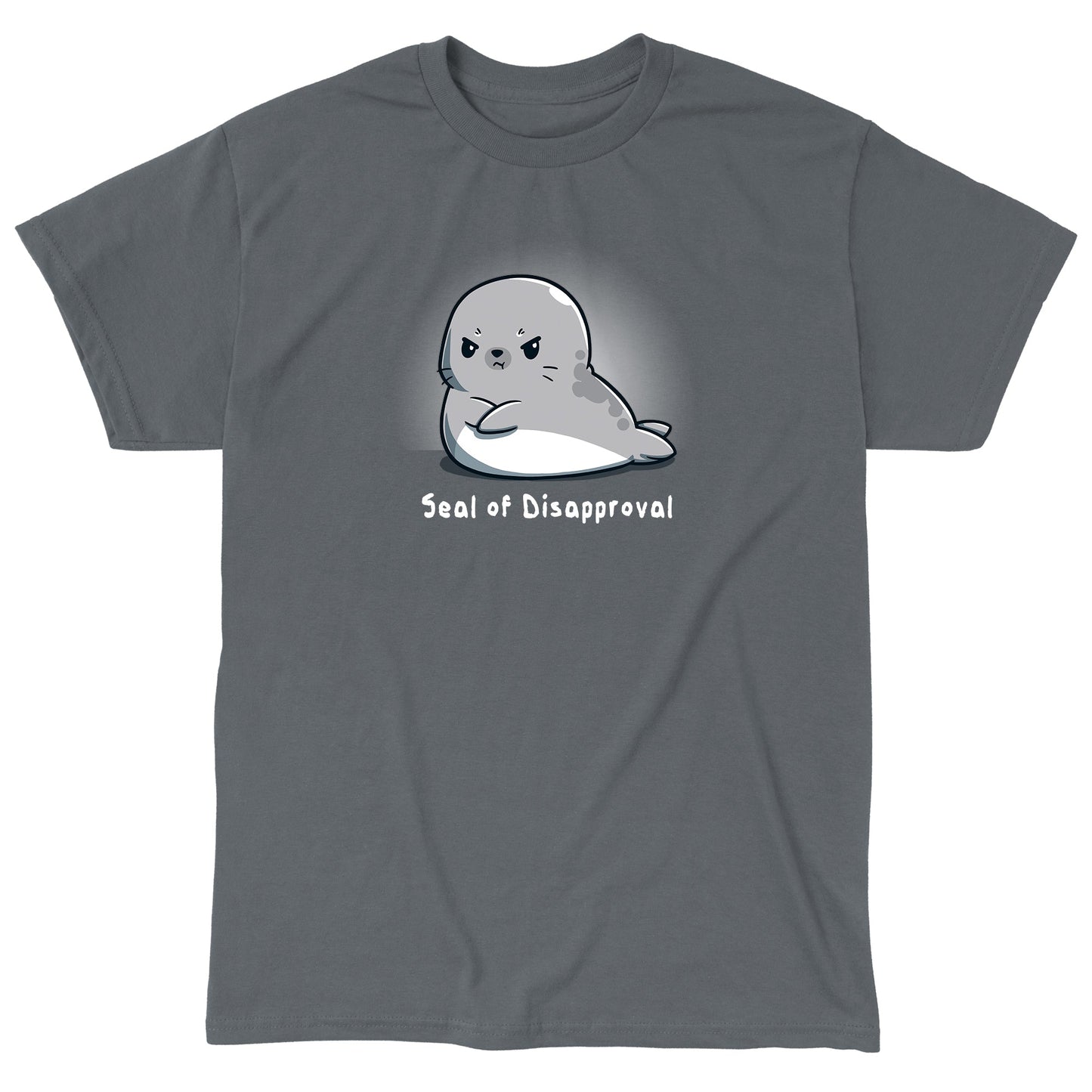 Classic Cotton T-shirt_A cartoon seal with a grumpy facial expression, arms crossed, adorns this Seal of Disapproval apparel from monsterdigital made from super soft ringspun cotton in a stylish charcoal gray.