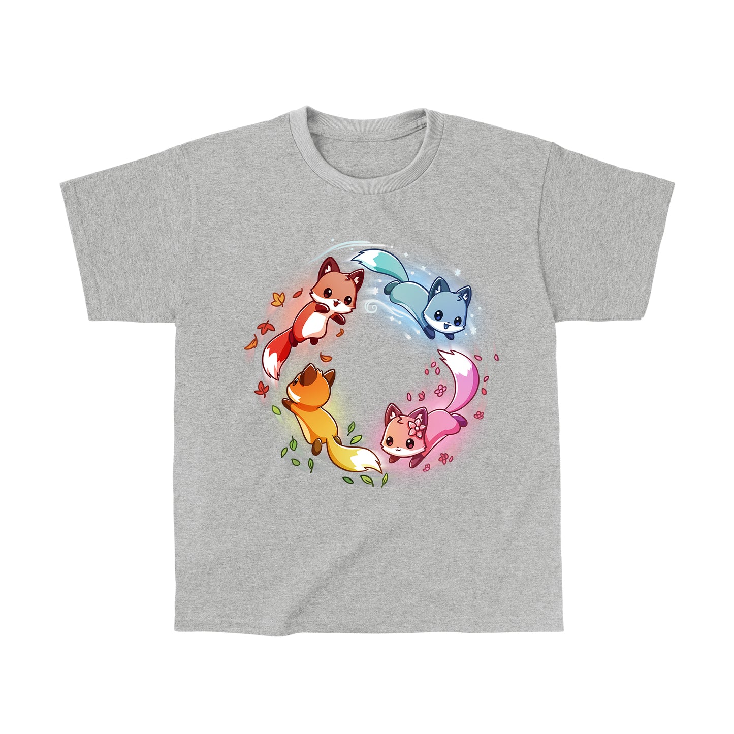 Classic Cotton T-shirt_TeeTurtle heather gray Seasonal Foxes apparel featuring a pink spring fox, gold summer fox, orange autumn fox, and blue winter fox chasing each other in a circle.