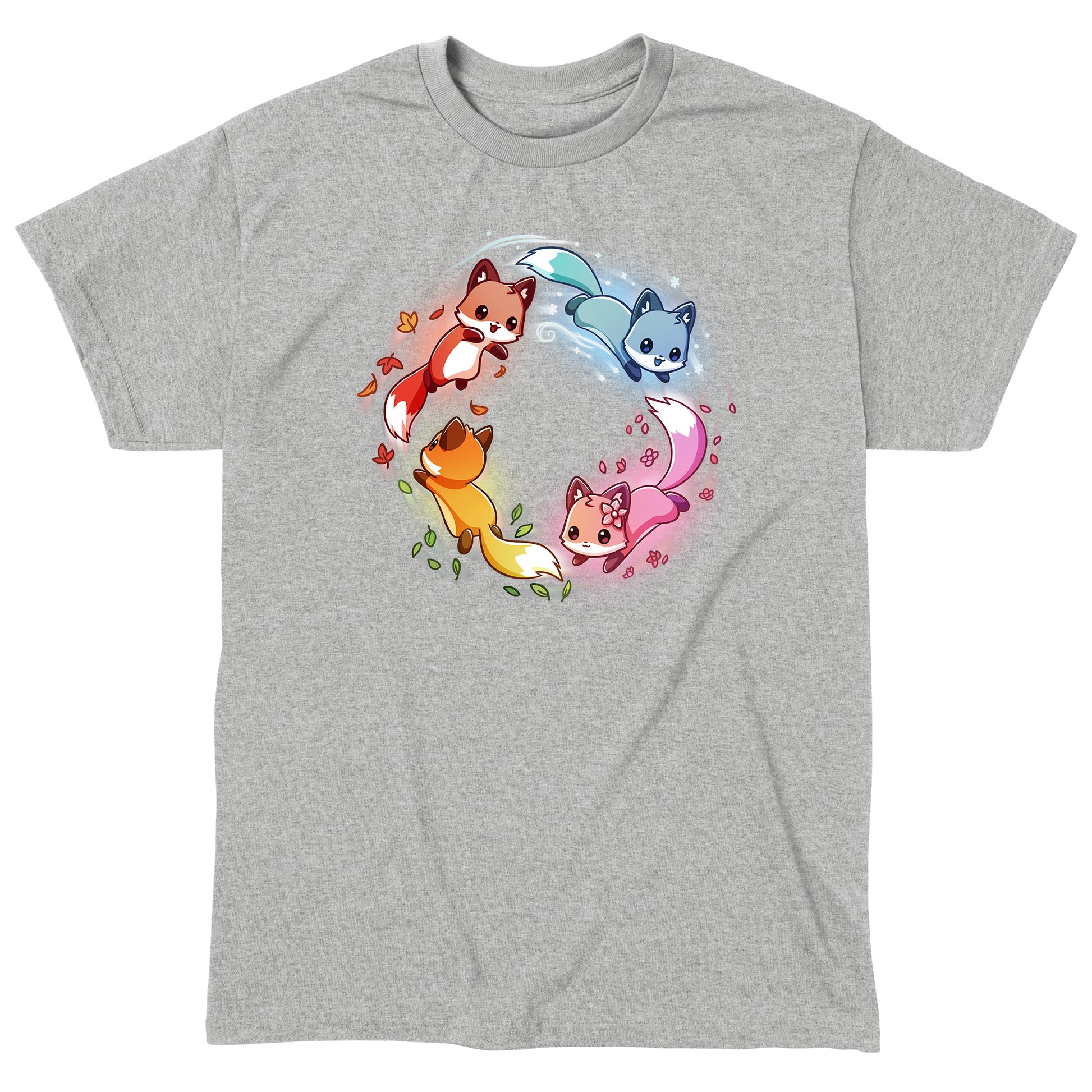 Classic Cotton T-shirt_TeeTurtle heather gray Seasonal Foxes apparel featuring a pink spring fox, gold summer fox, orange autumn fox, and blue winter fox chasing each other in a circle.