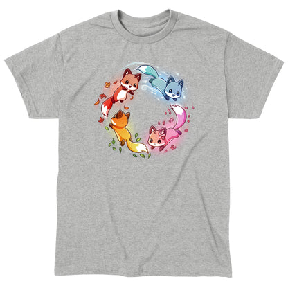 Classic Cotton T-shirt_TeeTurtle heather gray Seasonal Foxes apparel featuring a pink spring fox, gold summer fox, orange autumn fox, and blue winter fox chasing each other in a circle.