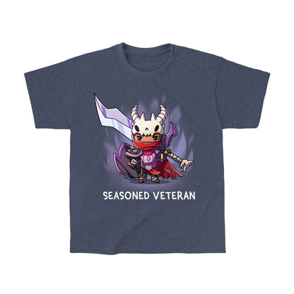 Classic Cotton T-shirt_TeeTurtle Seasoned Veteran heather navy t-shirt featuring a fantasy themed fighter dressed in moderately tattered garments and armor, wearing a skull, and carrying a large sword and shield.