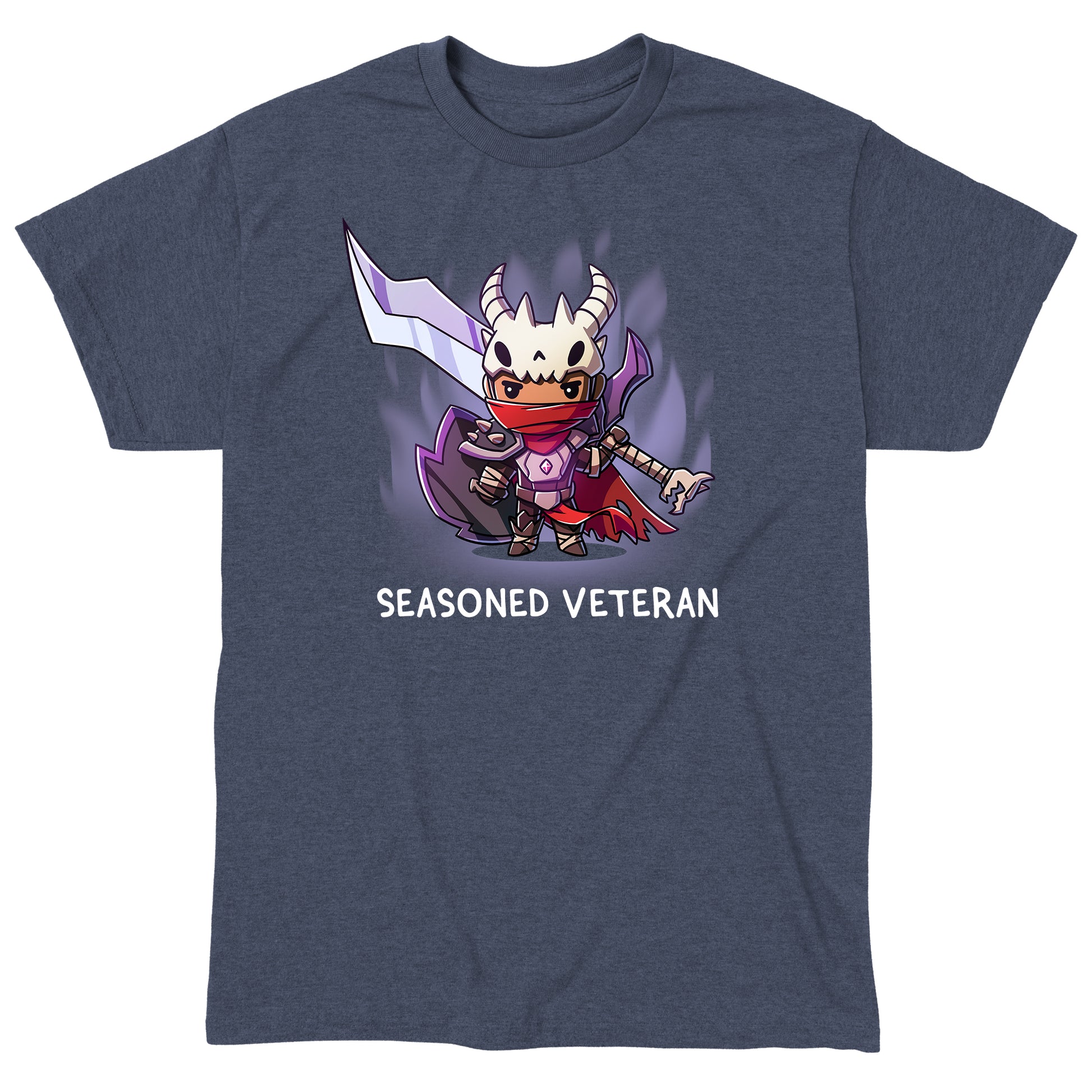 Classic Cotton T-shirt_TeeTurtle Seasoned Veteran heather navy t-shirt featuring a fantasy themed fighter dressed in moderately tattered garments and armor, wearing a skull, and carrying a large sword and shield.