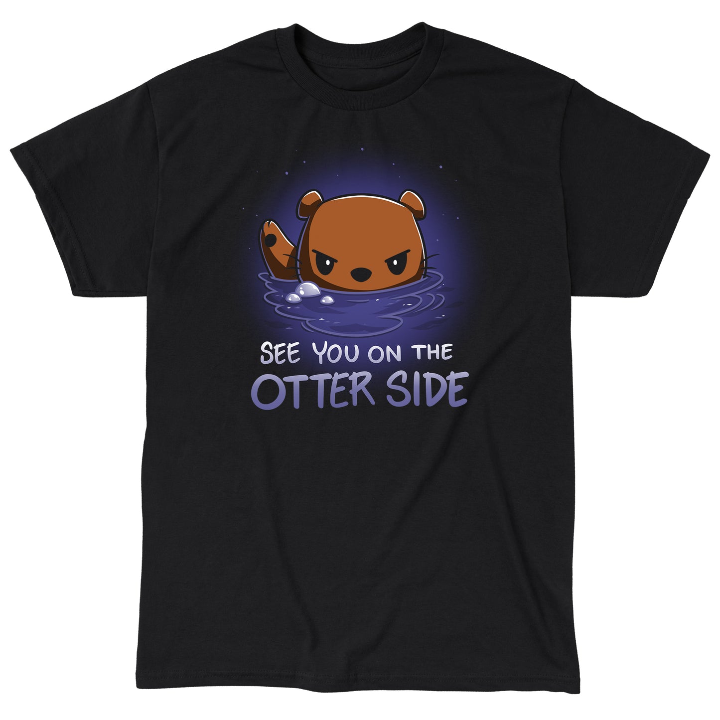 Classic Cotton T-shirt_TeeTurtle See you on the Otter Side black t-shirt featuring sarcastic cartoon otter with a serious expression partially submerged in water with bubbles around.