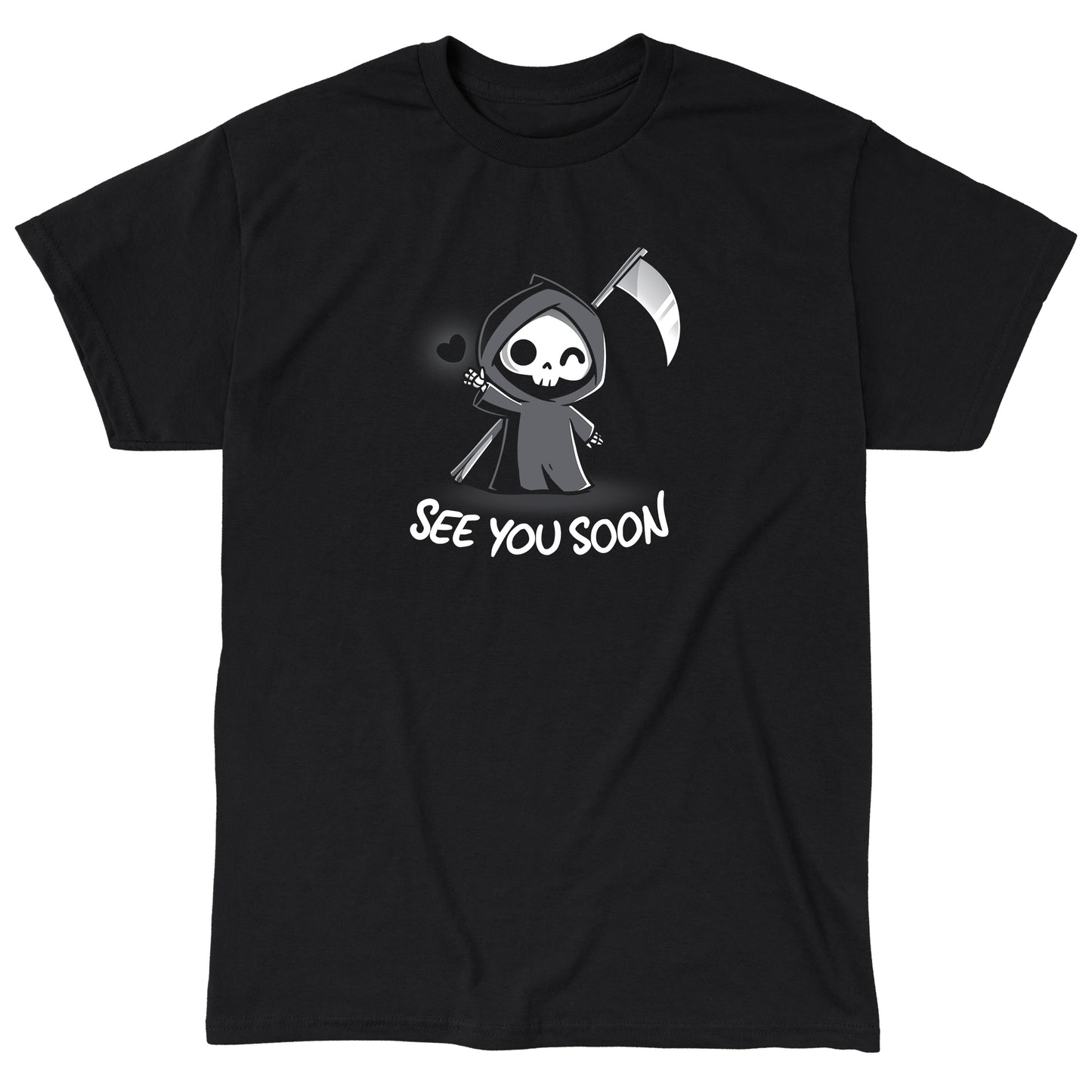  Classic Cotton T-shirt_TeeTurtle See You Soon black t-shirt featuring a spooky cartoon Grim Reaper holding a scythe, waving, and a floating black heart next to it, with the text below that says in dark humor "SEE YOU SOON". 