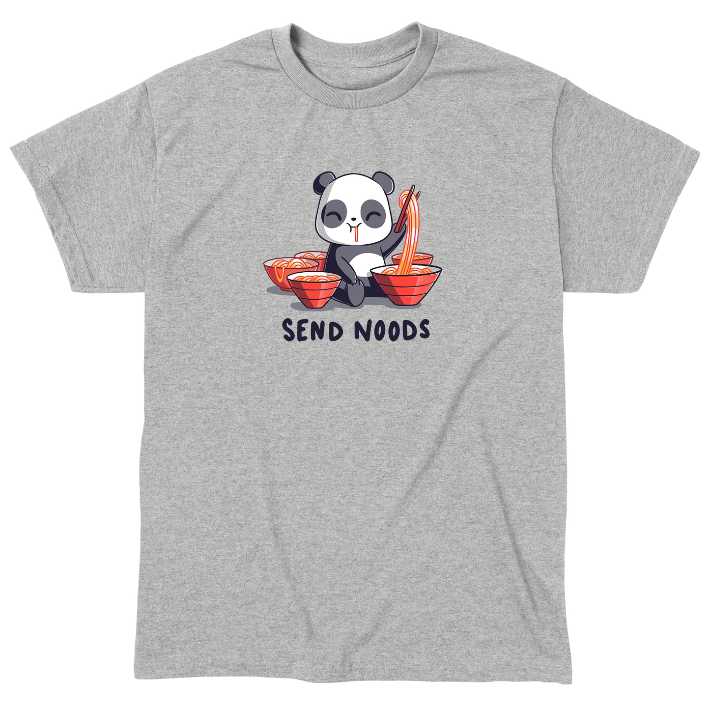 Classic Cotton T-shirt_A cartoon panda joyfully eating noodles with chopsticks, surrounded by bowls of noodles. Text at the bottom reads, "SEND NOODS." Made from super soft ringspun cotton, this unisex Send Noods apparelby monsterdigital is perfect for noodle lovers everywhere.