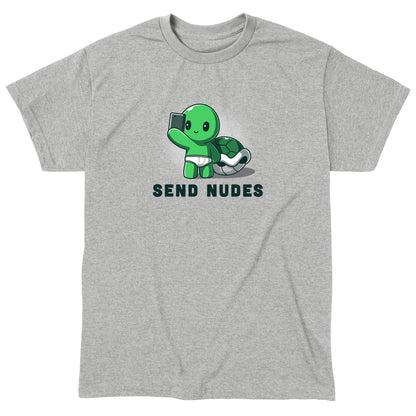 Classic Cotton T-shirt_green cartoon turtle character holding a smartphone, wearing white underwear, with "SEND NUDES" text below it, on a super soft ringspun cotton Unisex apparelby monsterdigital called Send Nudes.