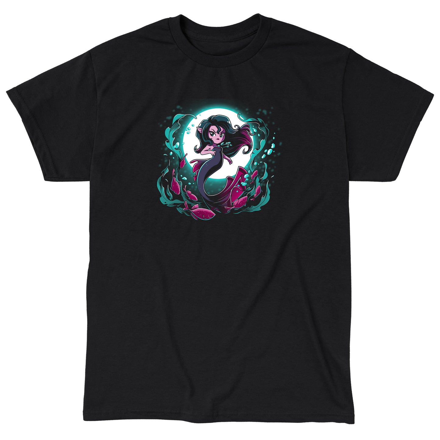 Classic Cotton T-shirt_TeeTurtle Shadow Siren black t-shirt featuring a dark and dangerous mermaid in front of a full moon with fish and seaweed around her.