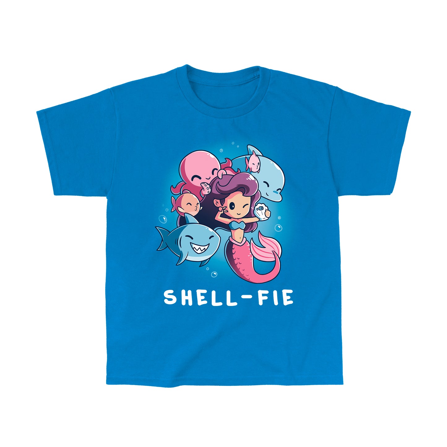 Classic Cotton T-shirt_TeeTurtle Shell-fie sapphire blue t-shirt featuring a mermaid takes a selfie underwater, surrounded by smiling sea creatures.