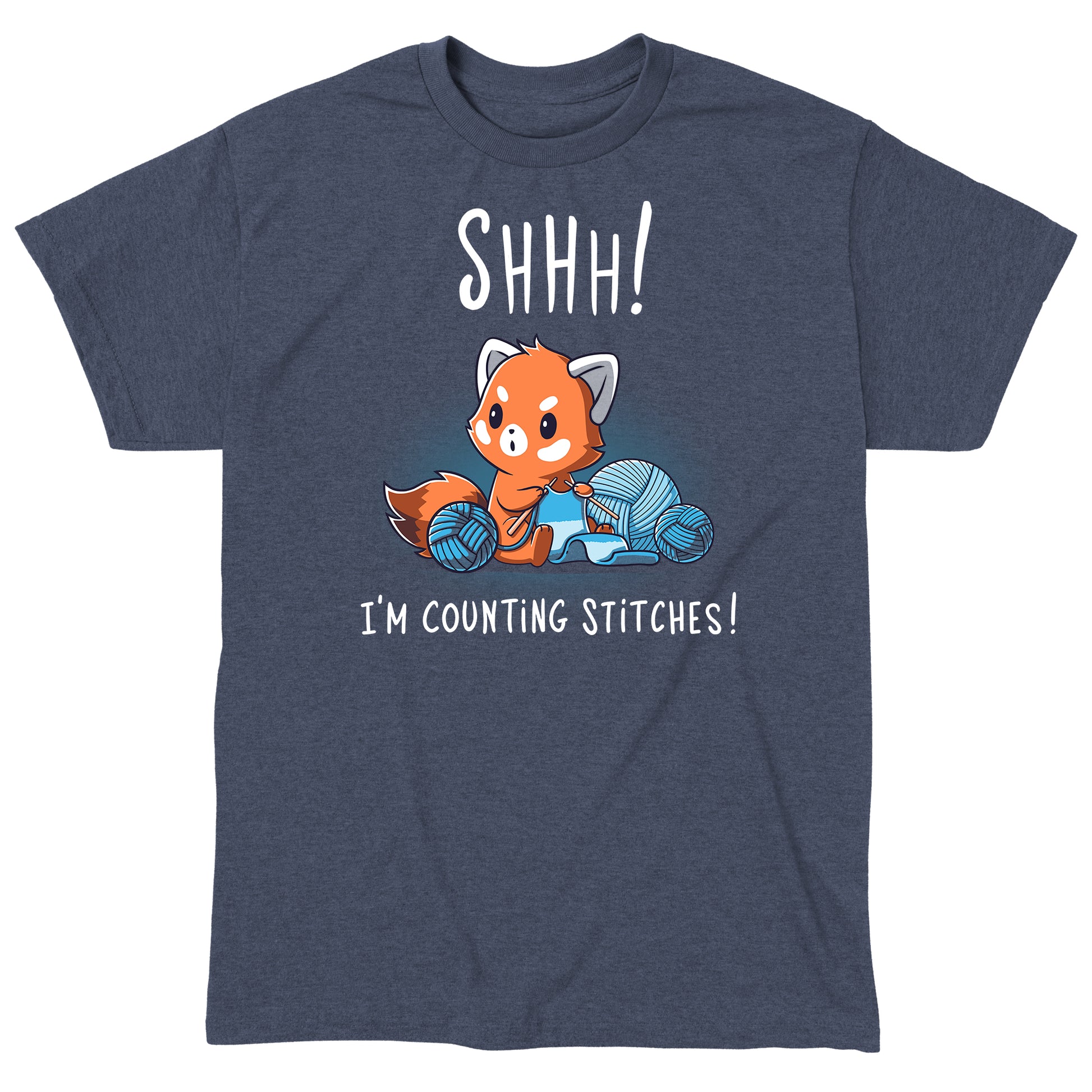 Classic Cotton T-shirt_Teeturtle Shhh! I'm Counting Stitches! heather navy t-shirt featuring a red panda is knitting with blue yarn. The text reads "Shhh! I'm Counting Stitches!" 