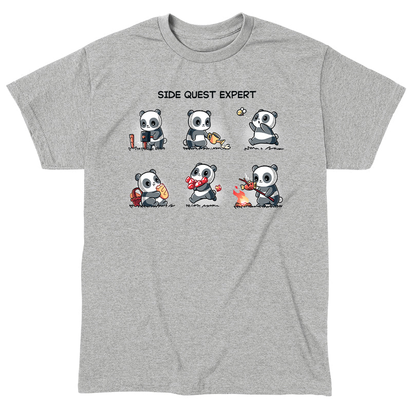 Classic Cotton T-shirt_TeeTurtle Side Quest Expert heather gray t-shirt featuring a panda engaging in various activities such as taking a photo, watering a plant, chasing a bee, gathering food, collecting apples, and cooking over a campfire.