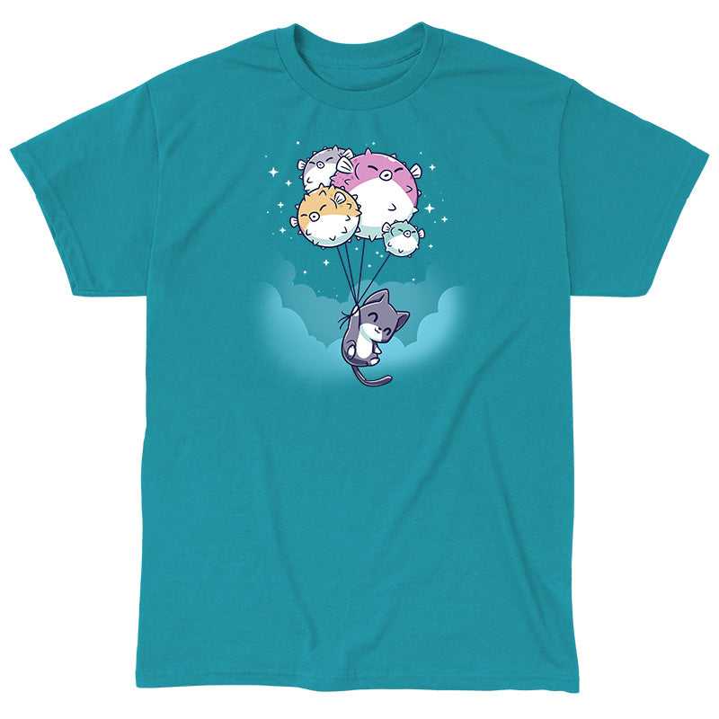 Classic Cotton T-shirt_TeeTurtle Sky High tropical blue t-shirt featuring a cat holding onto strings attached to five pufferfish balloons floating against a turquoise sky.