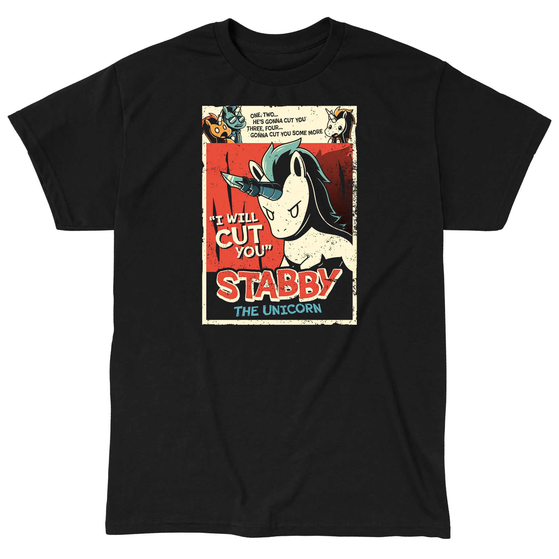 Classic Cotton T-shirt_TeeTurtle Slasher Stabby black t-shirt featuring a comic book cover of Stabby the Unicorn, who is shown with a serious expression and a saw-blade attached to their horn with dark humor dialogue that says, "I WILL CUT YOU." Other small unicorns watch from the top of the comic, looking afraid. 