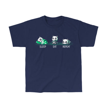 Classic Cotton T-shirt_TeeTurtle navy blue Sleep. Eat. Repeat. Featuring a panda eating, sleeping, and lying down.