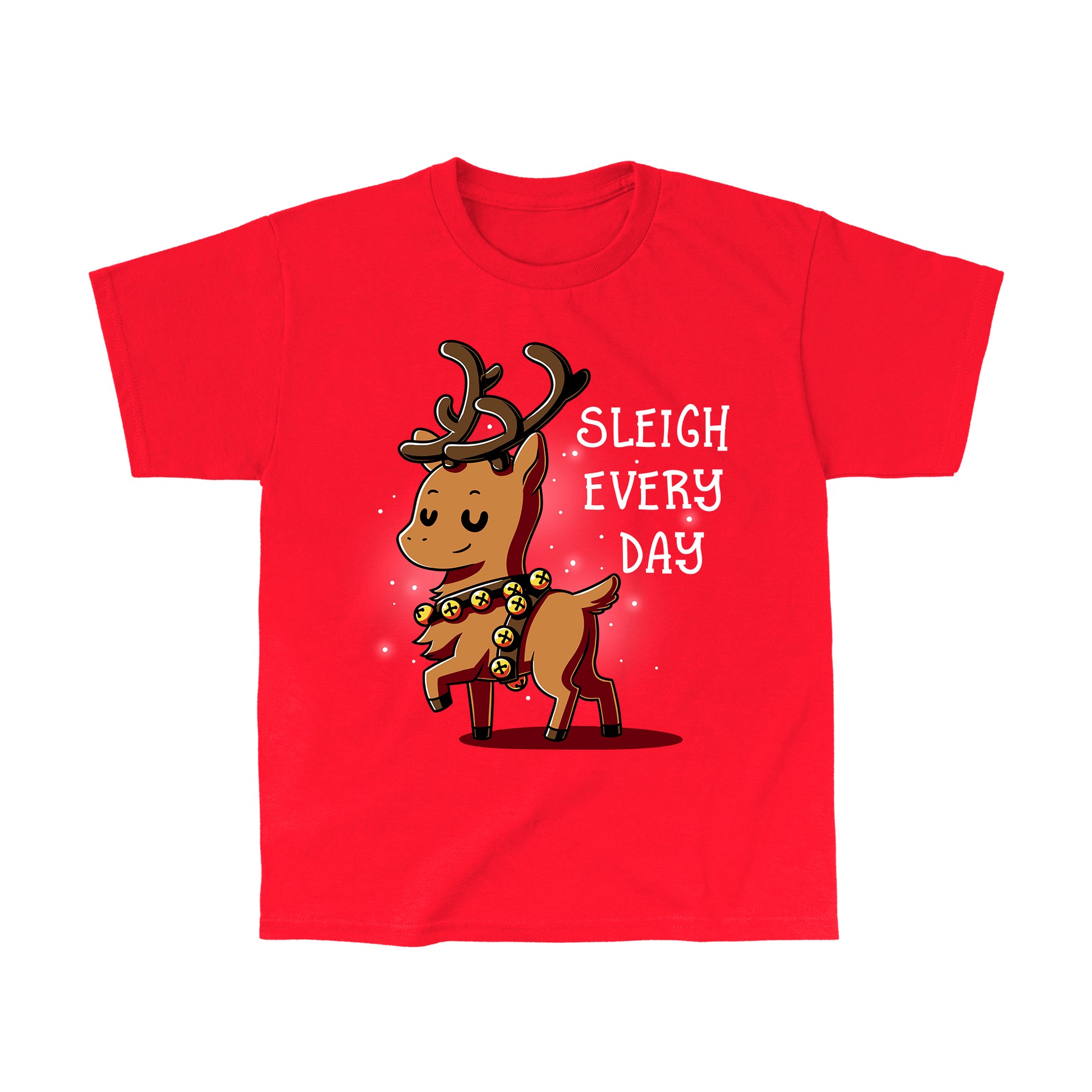 Classic Cotton T-shirt_TeeTurtle Sleigh Every Day red t-shirt featuring a sassy reindeer wearing bell harness with a Christmas pun next to it.