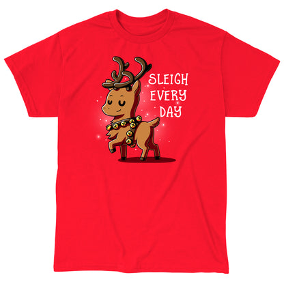 Classic Cotton T-shirt_TeeTurtle Sleigh Every Day red t-shirt featuring a sassy reindeer wearing bell harness with a Christmas pun next to it.