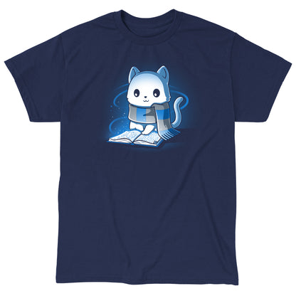 Classic Cotton T-shirt_TeeTurtle navy blue Smart Kitty. Featuring a white cat with a blue and silver striped scarf reading a book.