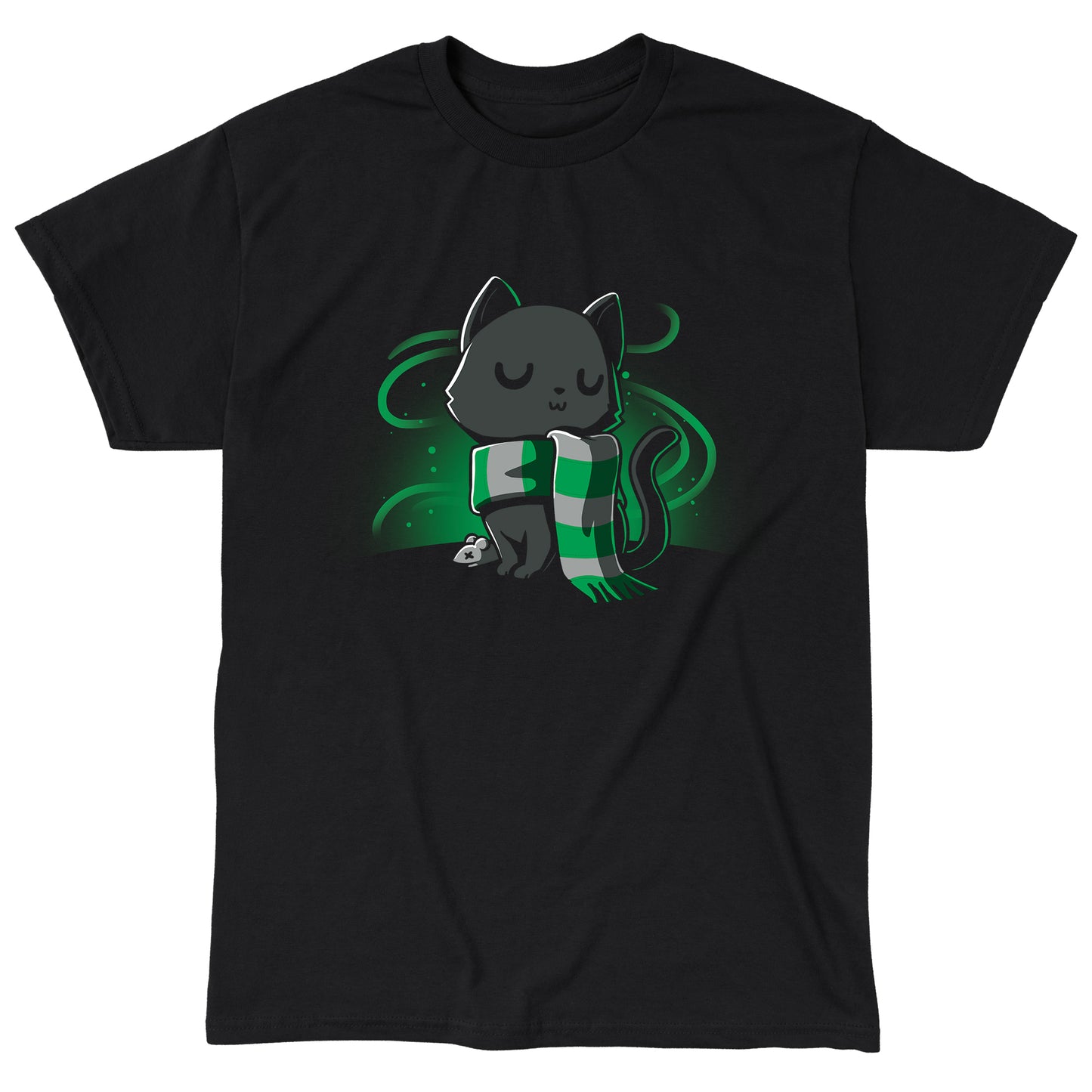 Classic Cotton T-shirt_TeeTurtle black Sneaky Kitty. Featuring a haughty black cat with a silver and green striped scarf.