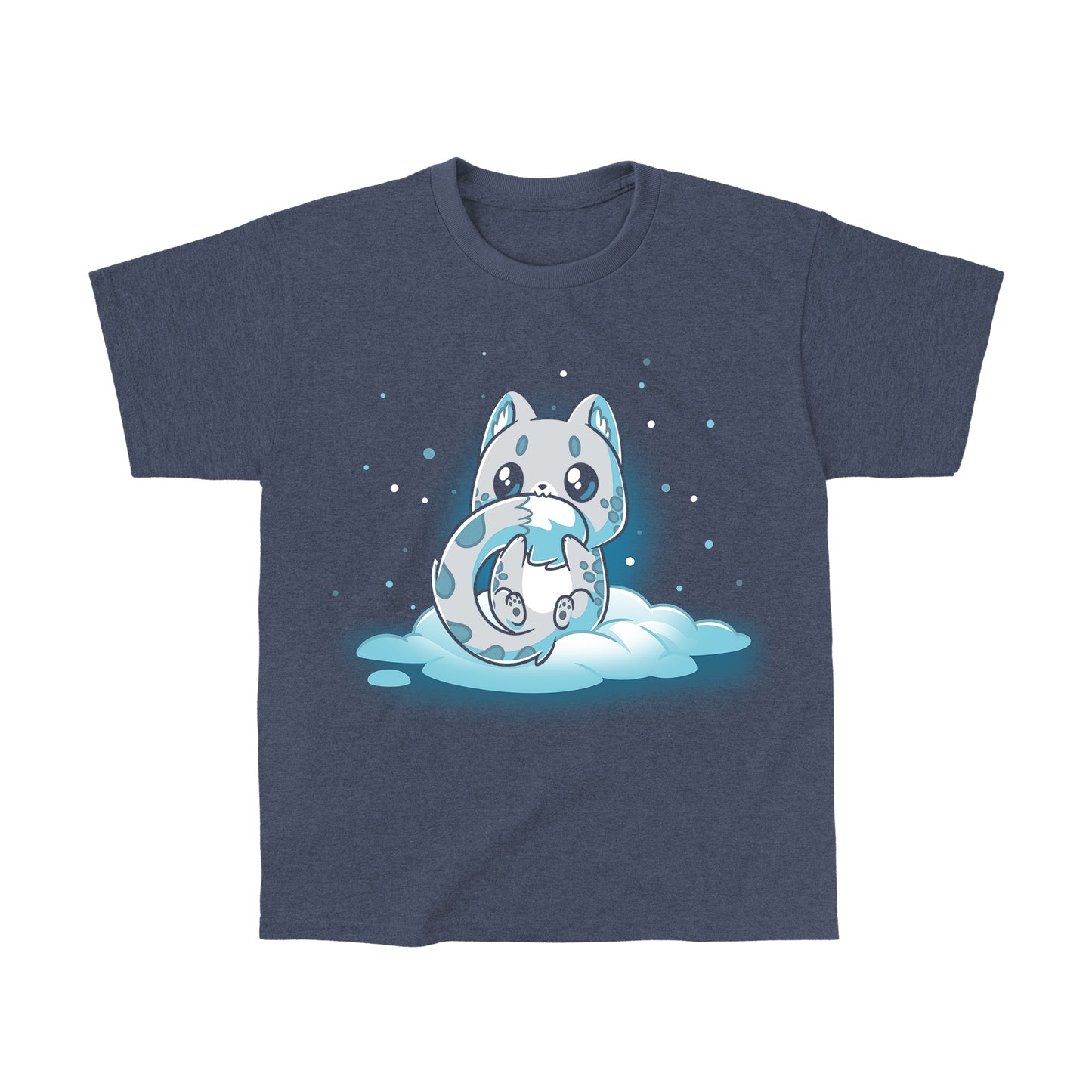 Classic Cotton T-shirt_TeeTurtle Snuggly Snow Leopard Heather Navy t-shirt featuring a cartoon-style baby snow leopard with large eyes sitting on a cloud, hugging its tail, against a dark background with falling snowflakes. 