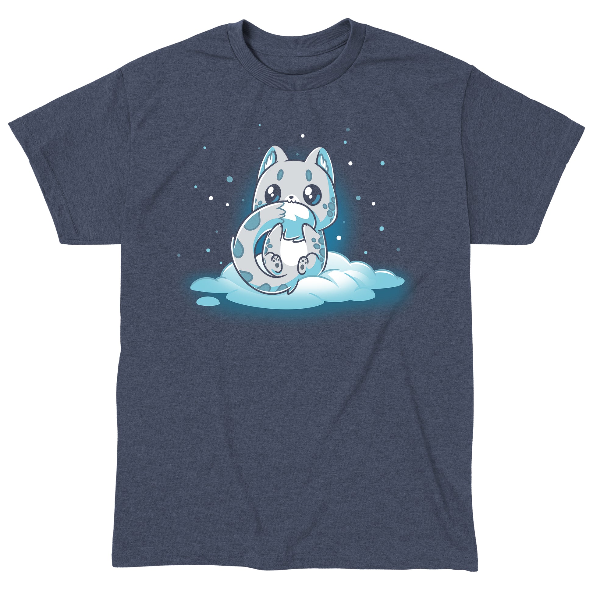 Classic Cotton T-shirt_TeeTurtle Snuggly Snow Leopard Heather Navy t-shirt featuring a cartoon-style baby snow leopard with large eyes sitting on a cloud, hugging its tail, against a dark background with falling snowflakes. 