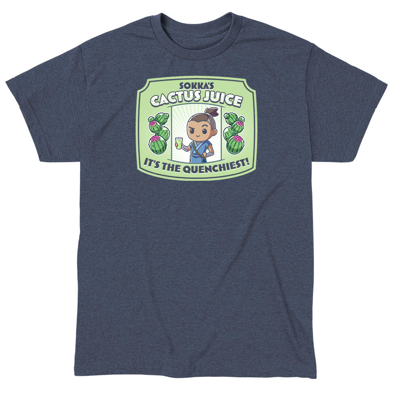 Classic Cotton T-shirt_TeeTurtle heather navy blue Sokka's Cactus Juice featuring a label with a drawing of two cactuses, Sokka from Avatar: The Last Airbender holding a glass full of green liquid, and text that says "Sokka's Cactus Juice" at the top and "It's the quenchiest!" at the bottom. 