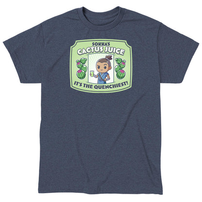 Classic Cotton T-shirt_TeeTurtle heather navy blue Sokka's Cactus Juice featuring a label with a drawing of two cactuses, Sokka from Avatar: The Last Airbender holding a glass full of green liquid, and text that says "Sokka's Cactus Juice" at the top and "It's the quenchiest!" at the bottom. 