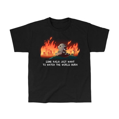 Classic Cotton T-shirt_TeeTurtle black Some Kaiju Just Want to Watch the World Burn apparel featuring a happy Godzilla sitting on a hill watching a burning city in the distance, and the caption, “Some Kaiju Just Want to Watch the World Burn“.