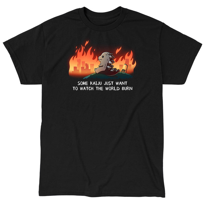 Classic Cotton T-shirt_TeeTurtle black Some Kaiju Just Want to Watch the World Burn apparel featuring a happy Godzilla sitting on a hill watching a burning city in the distance, and the caption, “Some Kaiju Just Want to Watch the World Burn“.