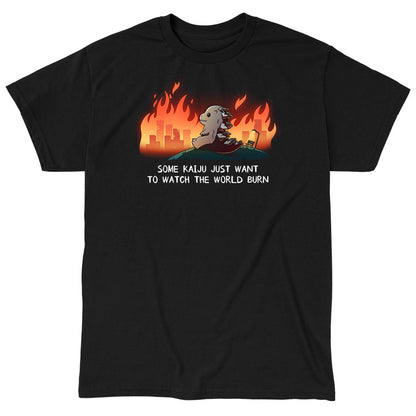 Classic Cotton T-shirt_TeeTurtle black Some Kaiju Just Want to Watch the World Burn apparel featuring a happy Godzilla sitting on a hill watching a burning city in the distance, and the caption, “Some Kaiju Just Want to Watch the World Burn“.