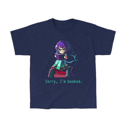 Classic Cotton T-shirt_TeeTurtle navy blue Sorry I'm Booked]. Featuring a girl sitting on a pile of books reading.