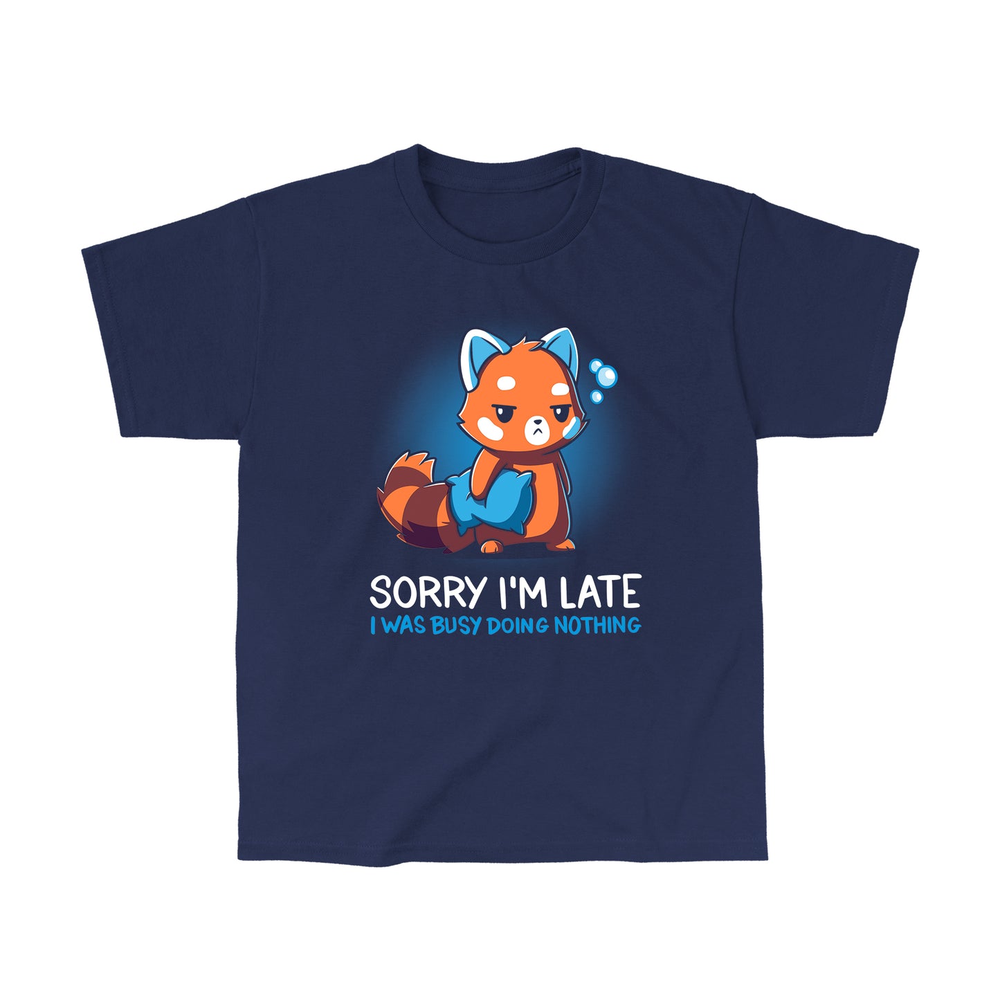 Classic Cotton T-shirt_TeeTurtle Sorry I'm Late navy blue t-shirt featuring a sarcastic red panda holding a pillow looking tired.