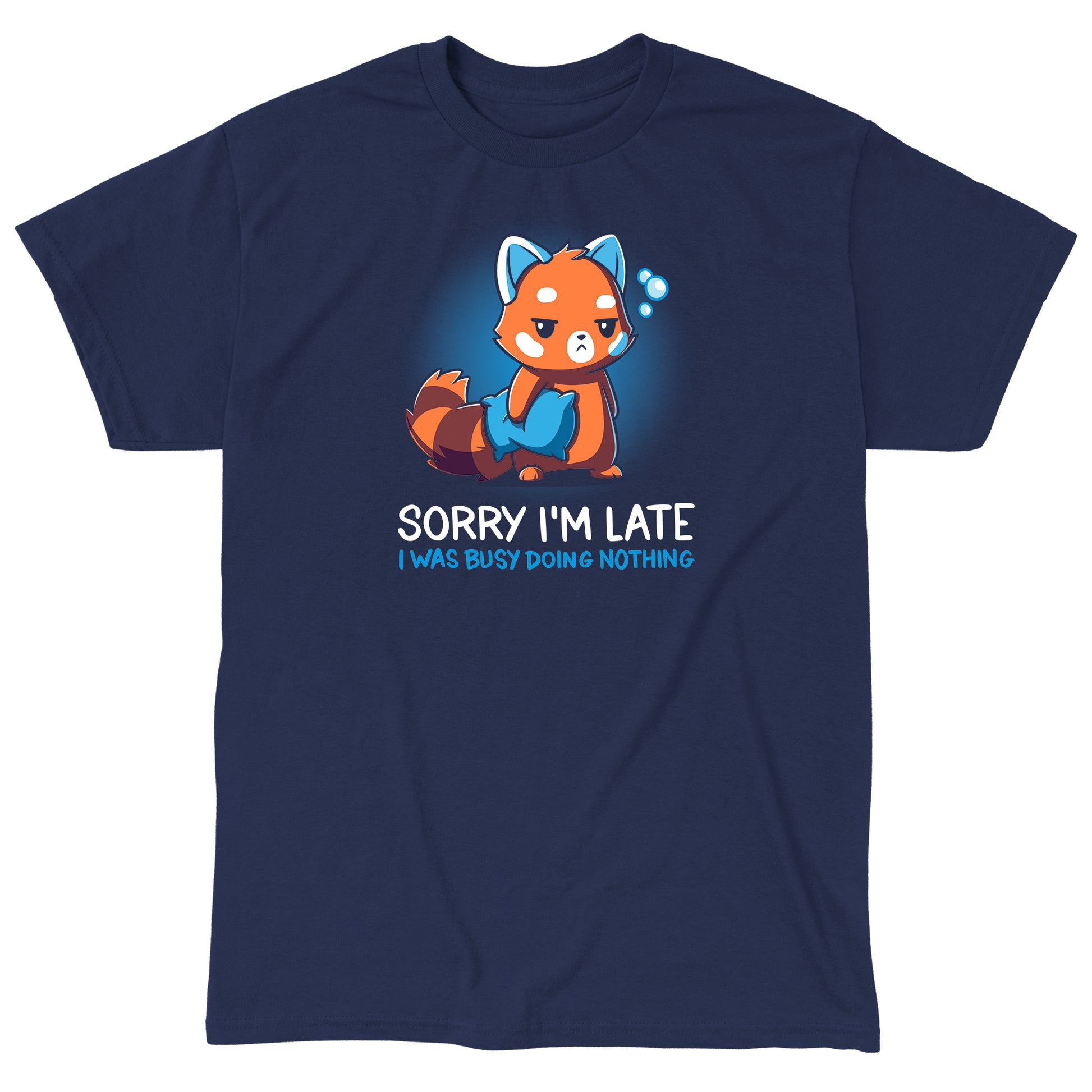 Classic Cotton T-shirt_TeeTurtle Sorry I'm Late navy blue t-shirt featuring a sarcastic red panda holding a pillow looking tired.