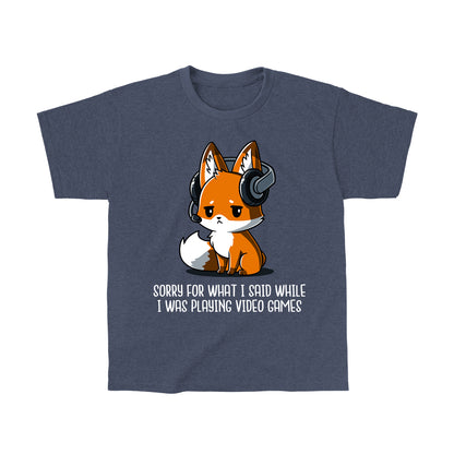 Classic Cotton T-shirt_Teeturtle Sorry For What I Said heather navy t-shirt featuring a fox wearing a headset looking apologetic with the text "Sorry for what I said while I was playing video games" written below.