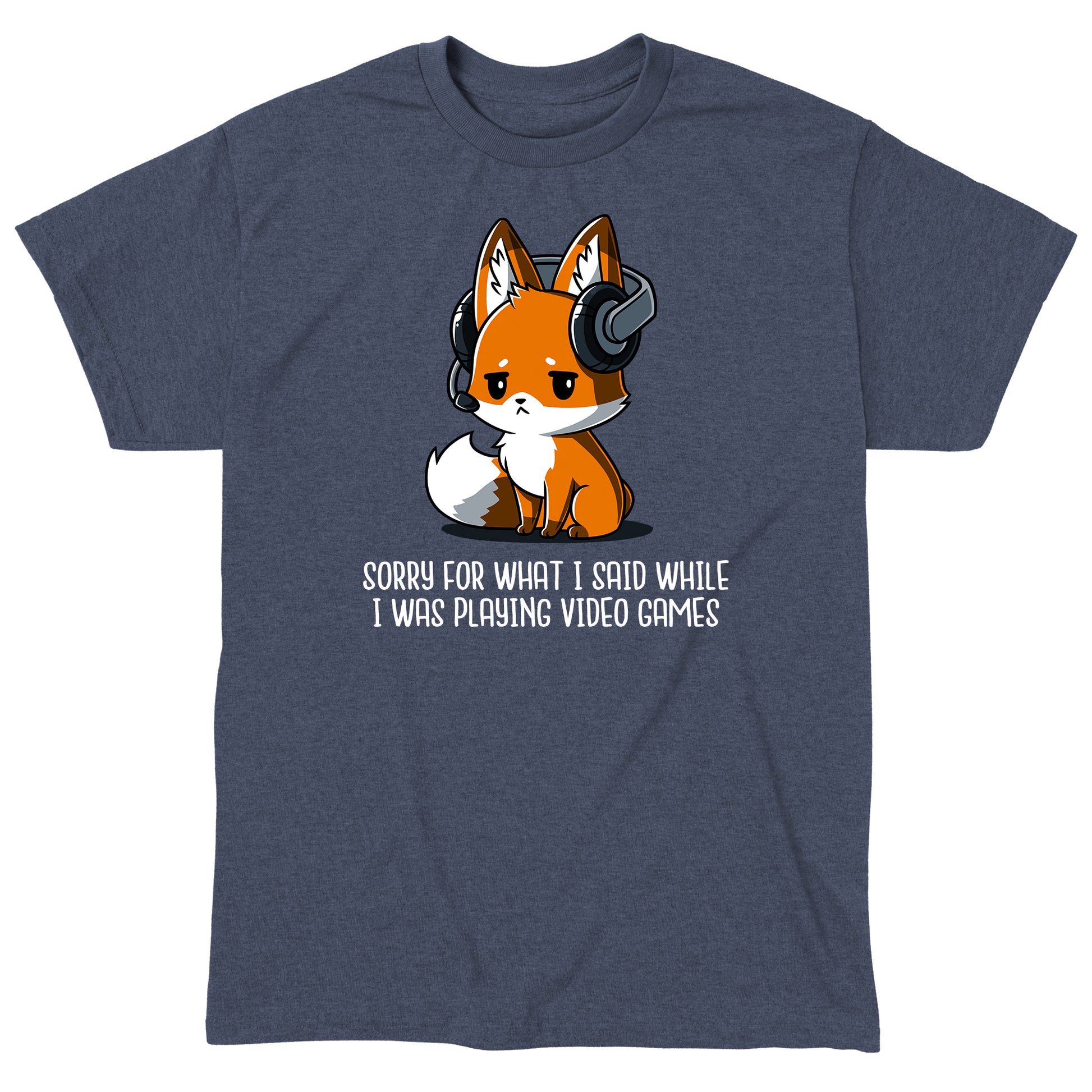 Classic Cotton T-shirt_Teeturtle Sorry For What I Said heather navy t-shirt featuring a fox wearing a headset looking apologetic with the text "Sorry for what I said while I was playing video games" written below.