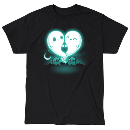 Classic Cotton T-shirt_TeeTurtle Soulmates black t-shirt featuring two glowing ghost figures, forming a heart shape, float above two gravestones that read "R.I.P."