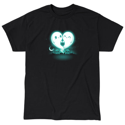 Classic Cotton T-shirt_TeeTurtle Soulmates black t-shirt featuring two glowing ghost figures, forming a heart shape, float above two gravestones that read "R.I.P."