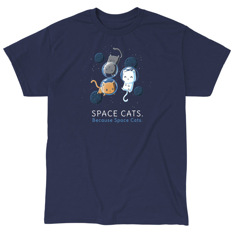 Classic Cotton T-shirt_TeeTurtle Space Cats navy blue t-shirt featuring an orange, white, and gray cat wearing air helmets floating in space surrounded by blue moons looking content with the words "SPACE CATS. Because Space Cats." written below.