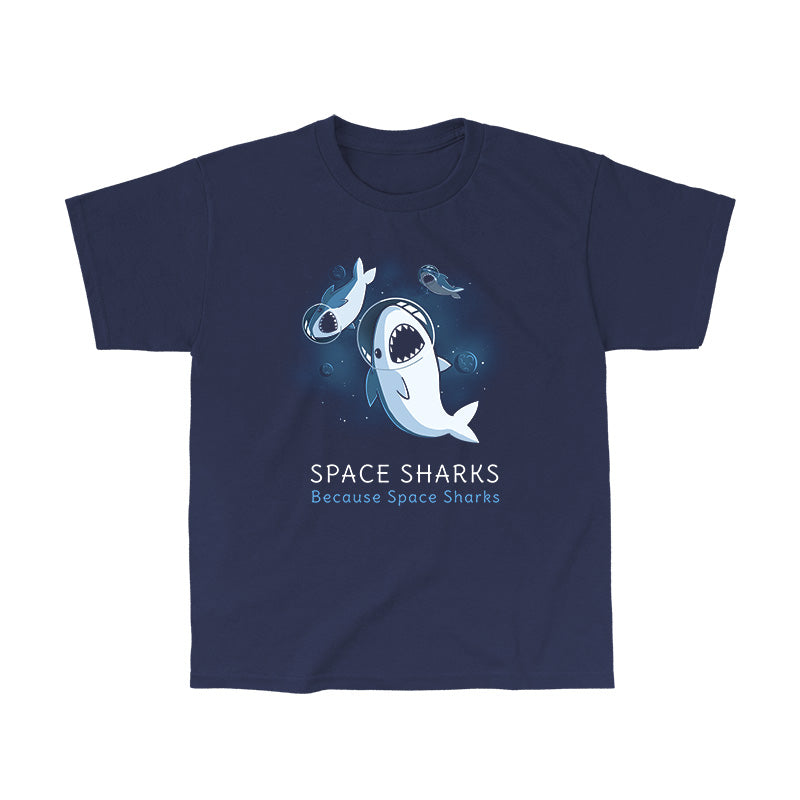 Classic Cotton T-shirt_TeeTurtle Space Sharks navy blue t-shirt featuring an illustration of three sharks with their mouths open showing teeth wearing air helmets floating in space with blue moons and stars in the background. The words "SPACE SHARKS Because Space sharks" are written underneath.