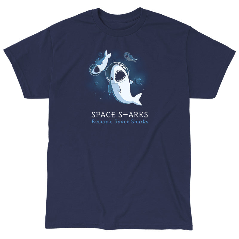 Classic Cotton T-shirt_TeeTurtle Space Sharks navy blue t-shirt featuring an illustration of three sharks with their mouths open showing teeth wearing air helmets floating in space with blue moons and stars in the background. The words "SPACE SHARKS Because Space sharks" are written underneath.