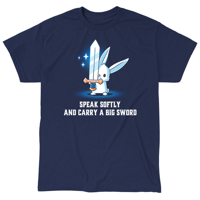 Classic Cotton T-shirt_Teeturtle Speak Softly and Carry a Big Sword Navy Blue Featuring a white rabbit holding a very big sword in its forepaws with 'Speak Softly and Carry a Big Sword' written beneath.